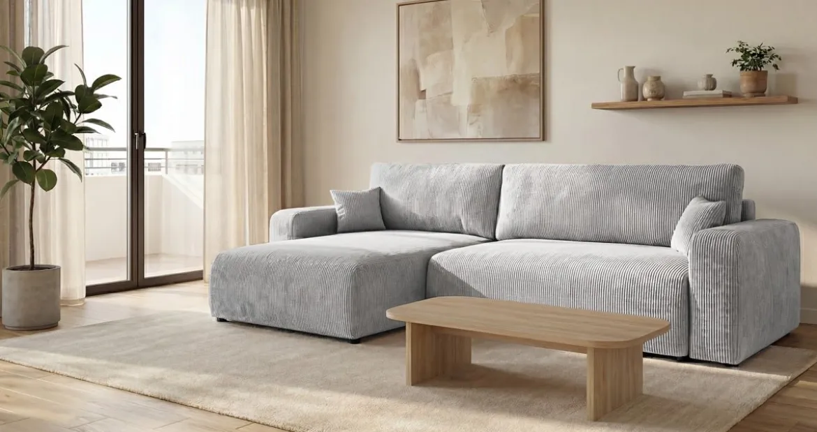 Designer Ecksofa Noma mit Schlaf- und Klappfunktion in Cord