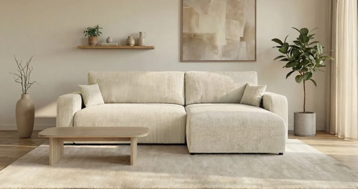 Designer Ecksofa Noma mit Schlaf- und Klappfunktion in Cord
