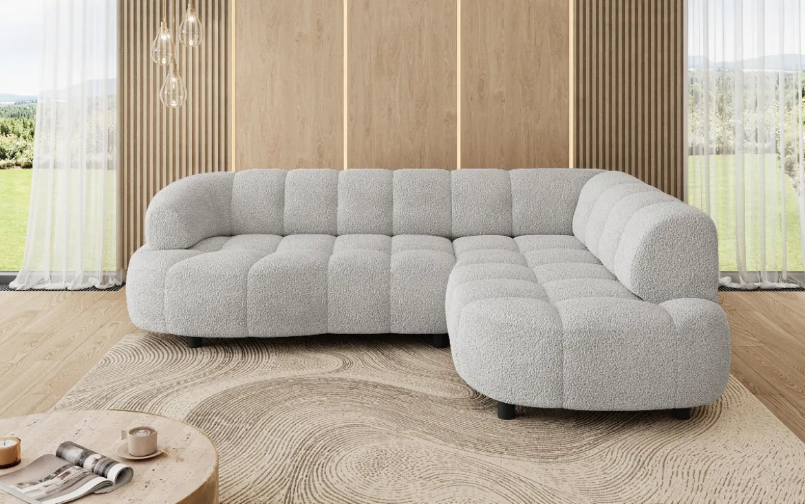 Designer Ecksofa Olivia Mini in Teddy Bouclé mit elektrischer Sitzerweiterung