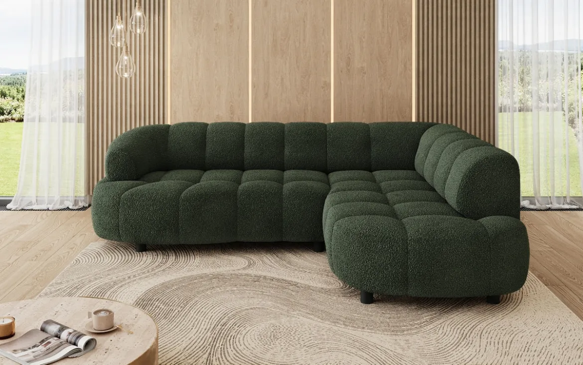 Designer Ecksofa Olivia Mini in Teddy Bouclé mit elektrischer Sitzerweiterung