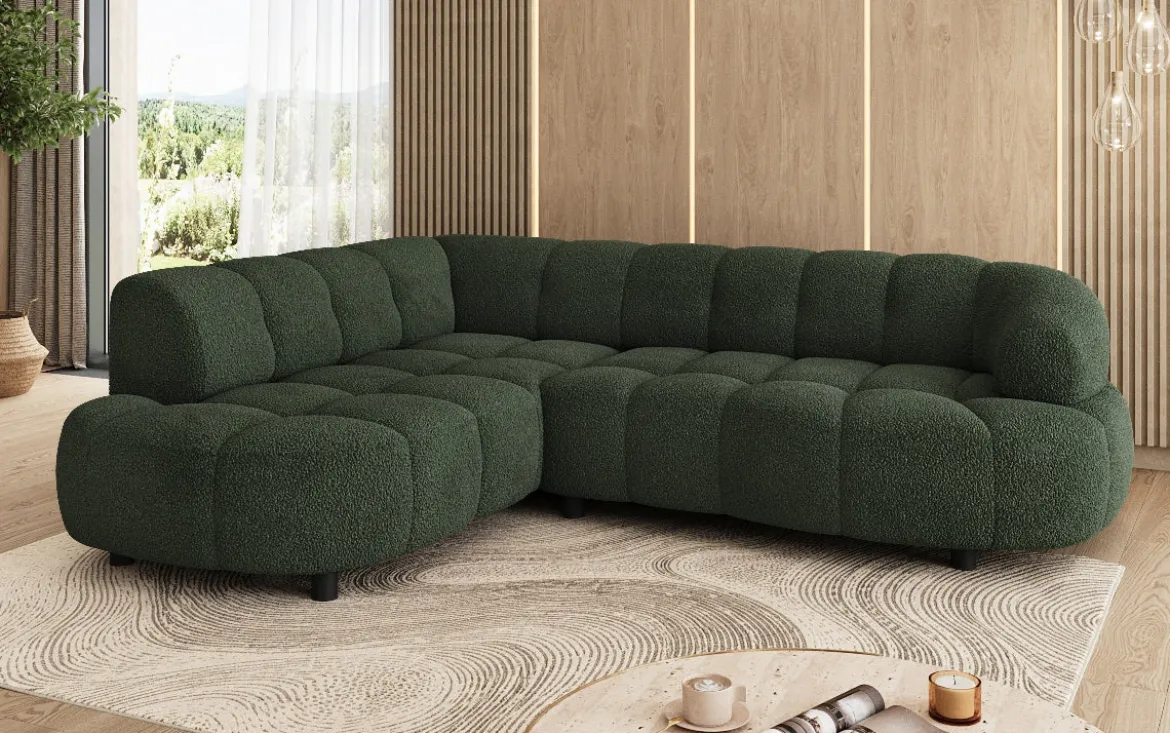 Designer Ecksofa Olivia Mini in Teddy Bouclé mit elektrischer Sitzerweiterung