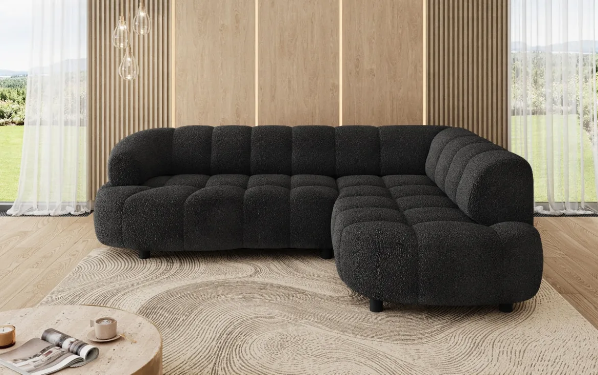 Designer Ecksofa Olivia Mini in Teddy Bouclé mit elektrischer Sitzerweiterung