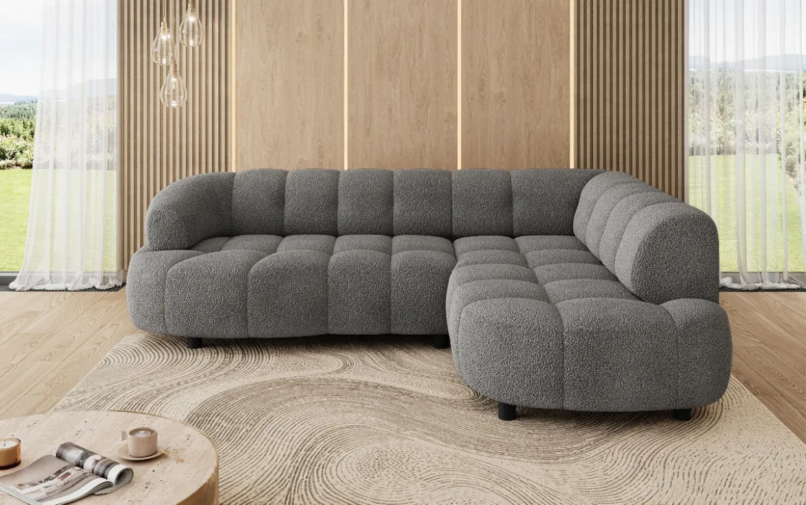 Designer Ecksofa Olivia Mini in Teddy Bouclé mit elektrischer Sitzerweiterung