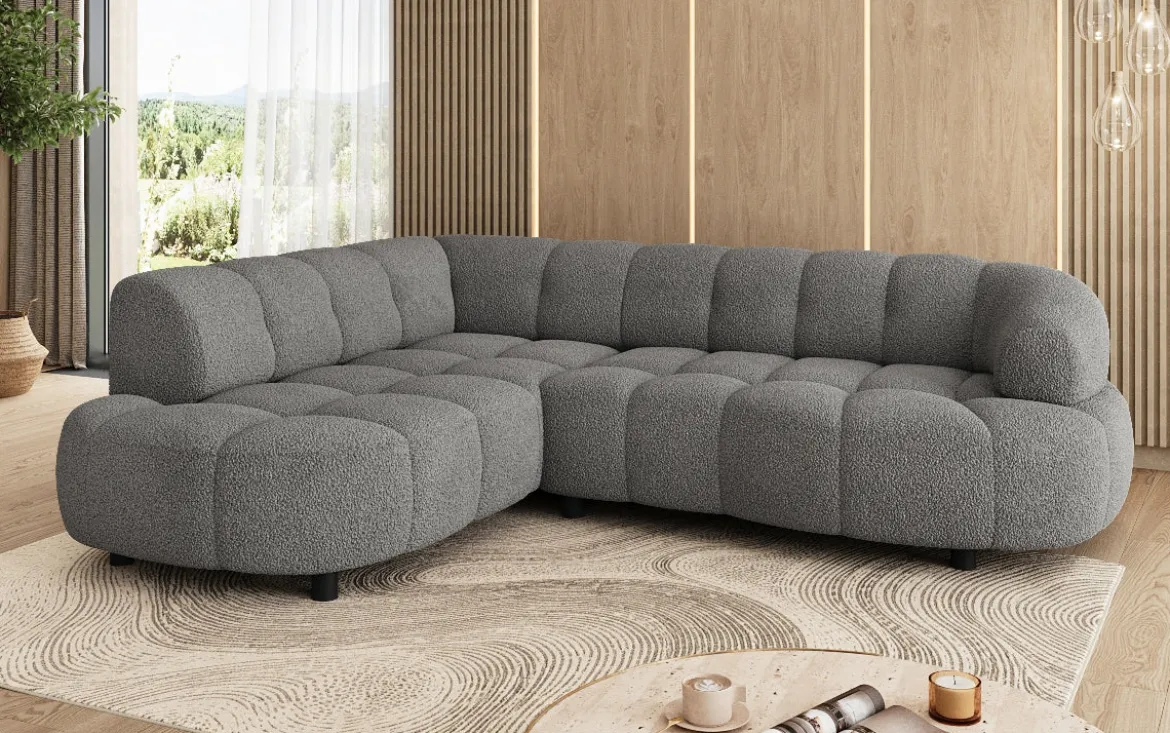 Designer Ecksofa Olivia Mini in Teddy Bouclé mit elektrischer Sitzerweiterung