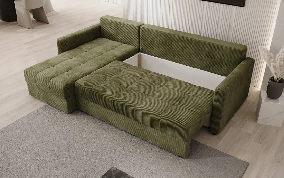Designer Ecksofa Roma in Cord mit Schlaf- und Klappfunktion