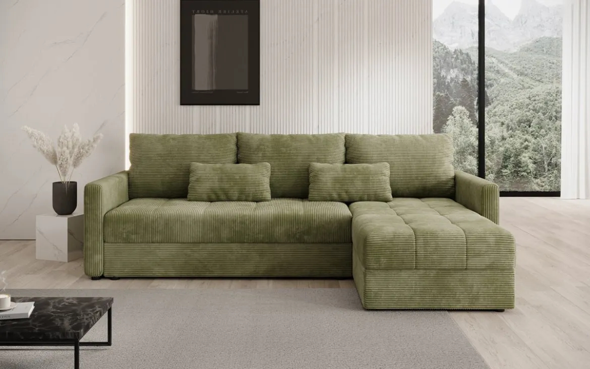 Designer Ecksofa Roma in Cord mit Schlaf- und Klappfunktion