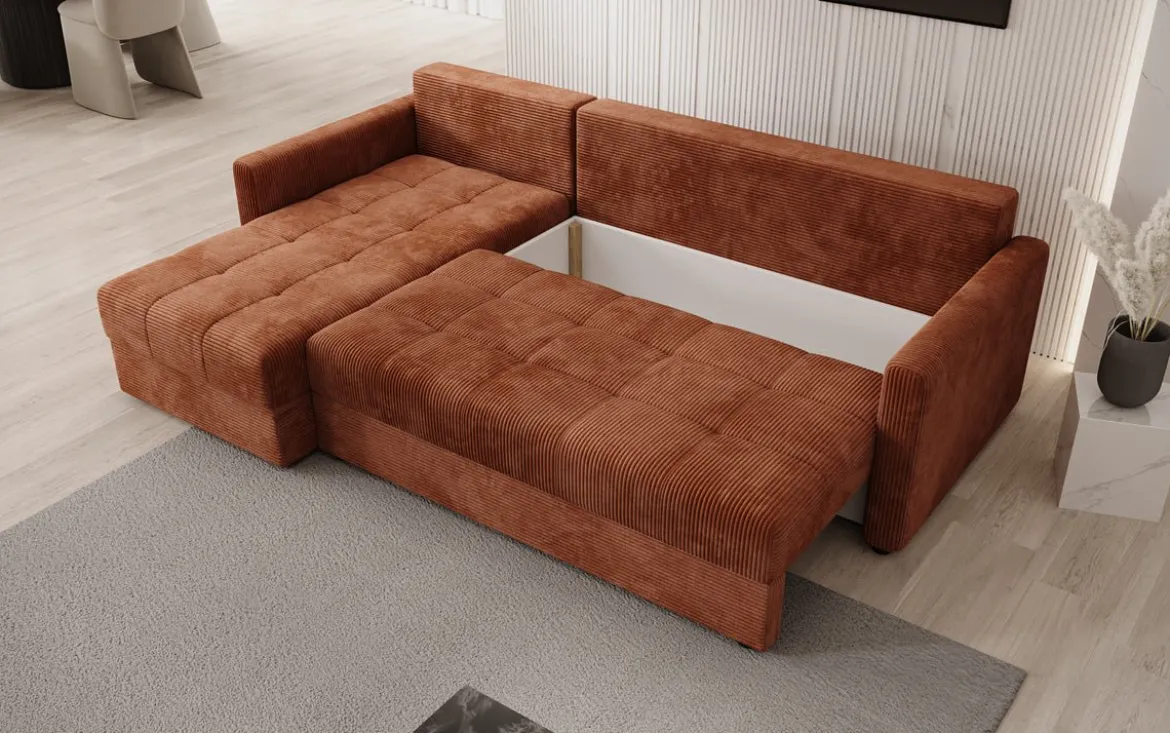 Designer Ecksofa Roma in Cord mit Schlaf- und Klappfunktion