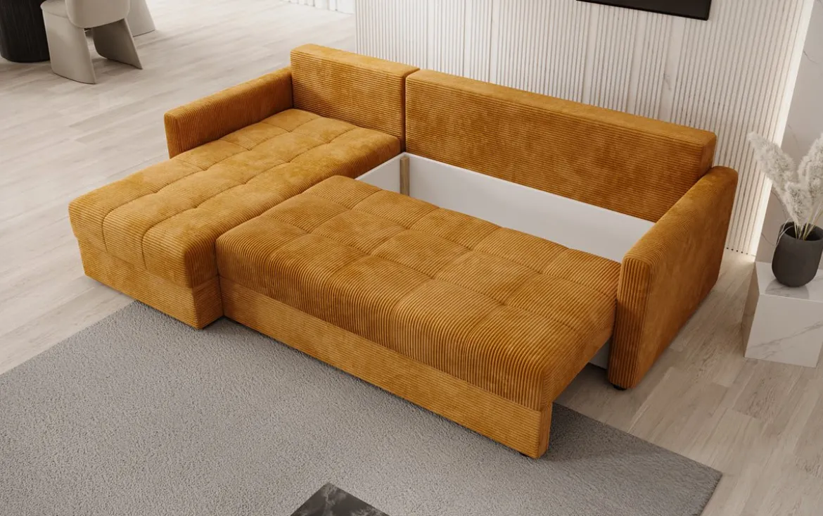 Designer Ecksofa Roma in Cord mit Schlaf- und Klappfunktion