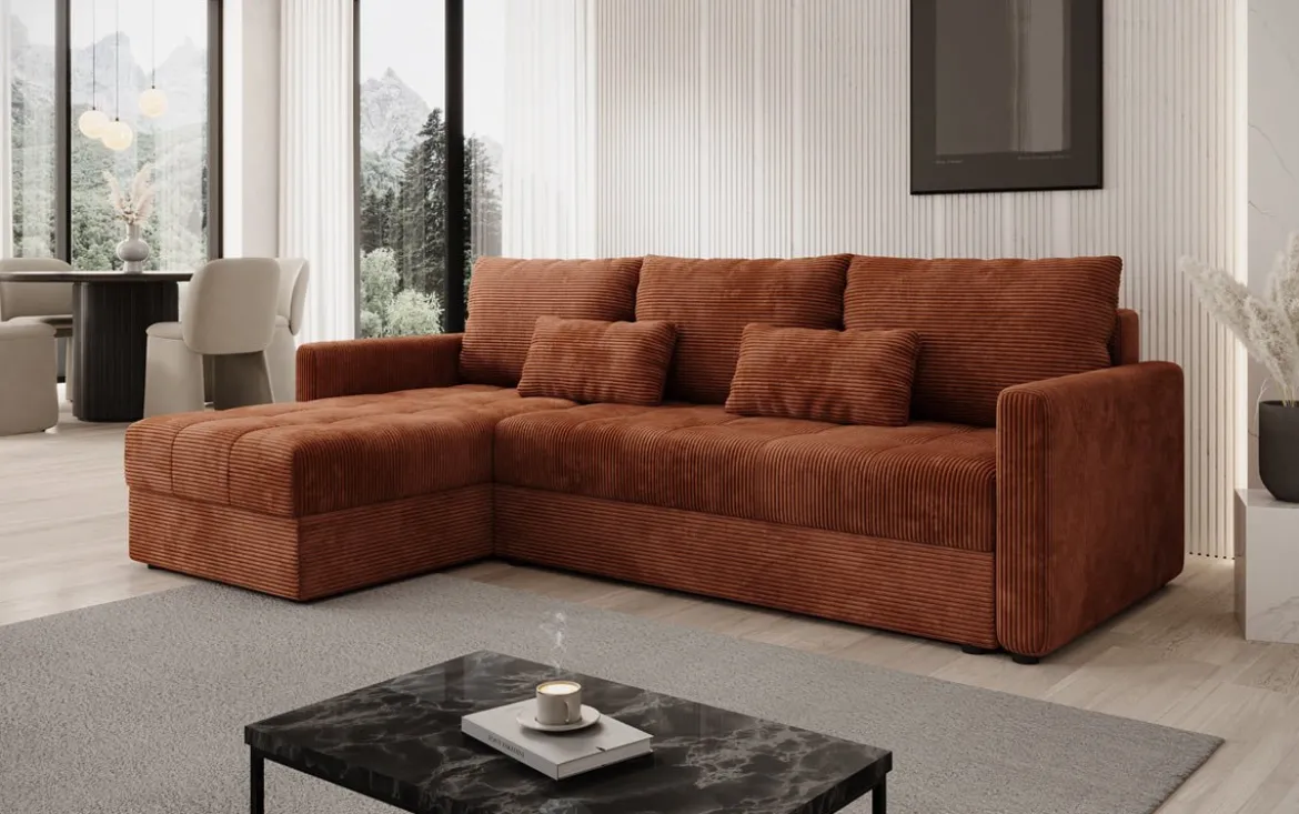 Designer Ecksofa Roma in Cord mit Schlaf- und Klappfunktion