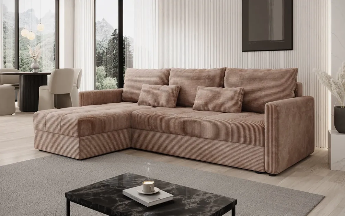 Designer Ecksofa Roma in Cord mit Schlaf- und Klappfunktion