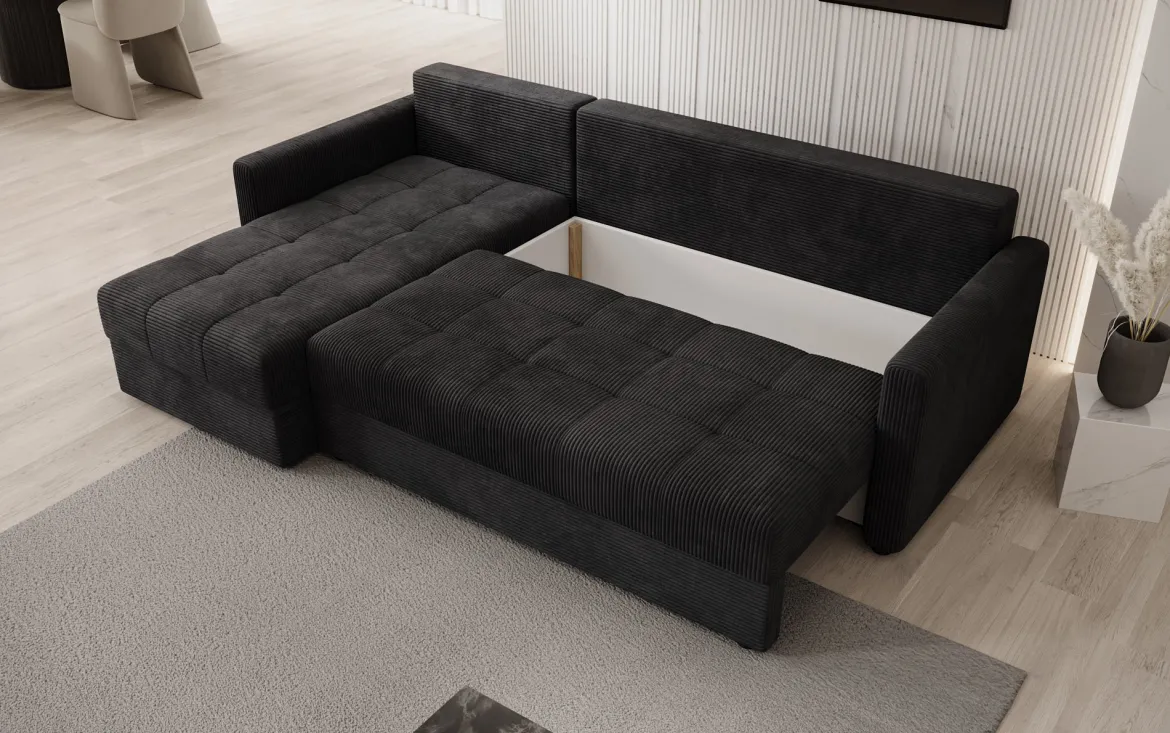 Designer Ecksofa Roma in Cord mit Schlaf- und Klappfunktion