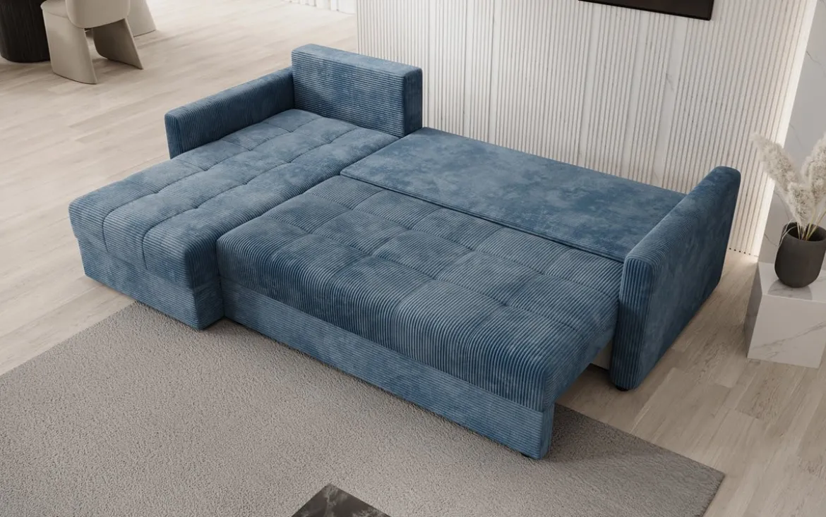 Designer Ecksofa Roma in Cord mit Schlaf- und Klappfunktion