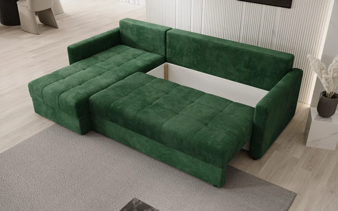 Designer Ecksofa Roma in Cord mit Schlaf- und Klappfunktion