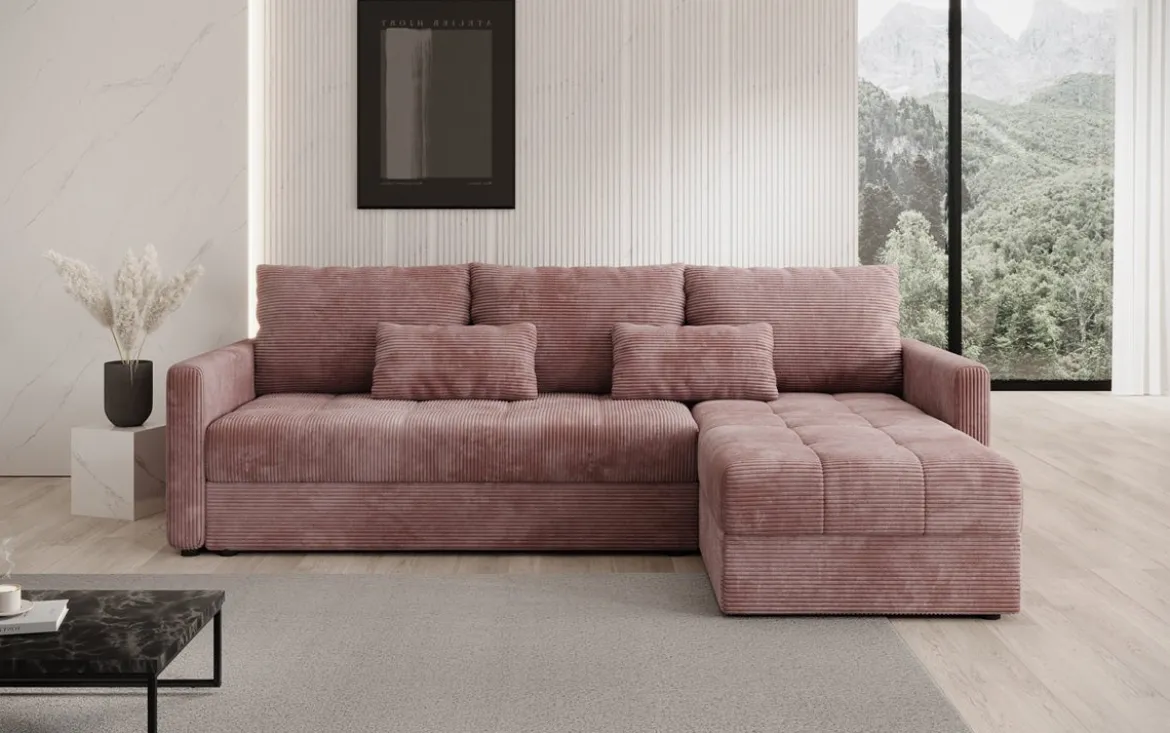 Designer Ecksofa Roma in Cord mit Schlaf- und Klappfunktion