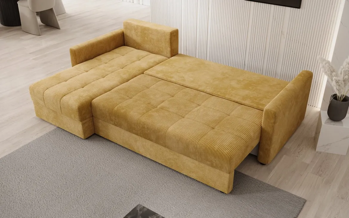 Designer Ecksofa Roma in Cord mit Schlaf- und Klappfunktion