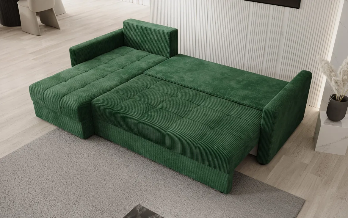 Designer Ecksofa Roma in Cord mit Schlaf- und Klappfunktion