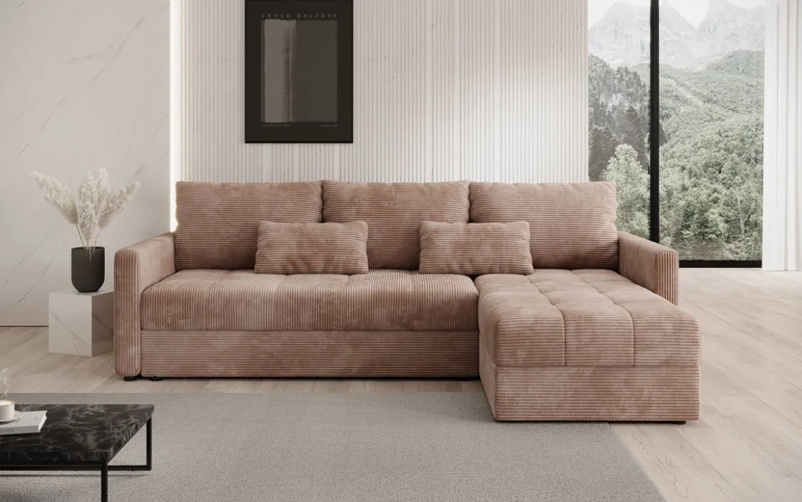 Designer Ecksofa Roma in Cord mit Schlaf- und Klappfunktion