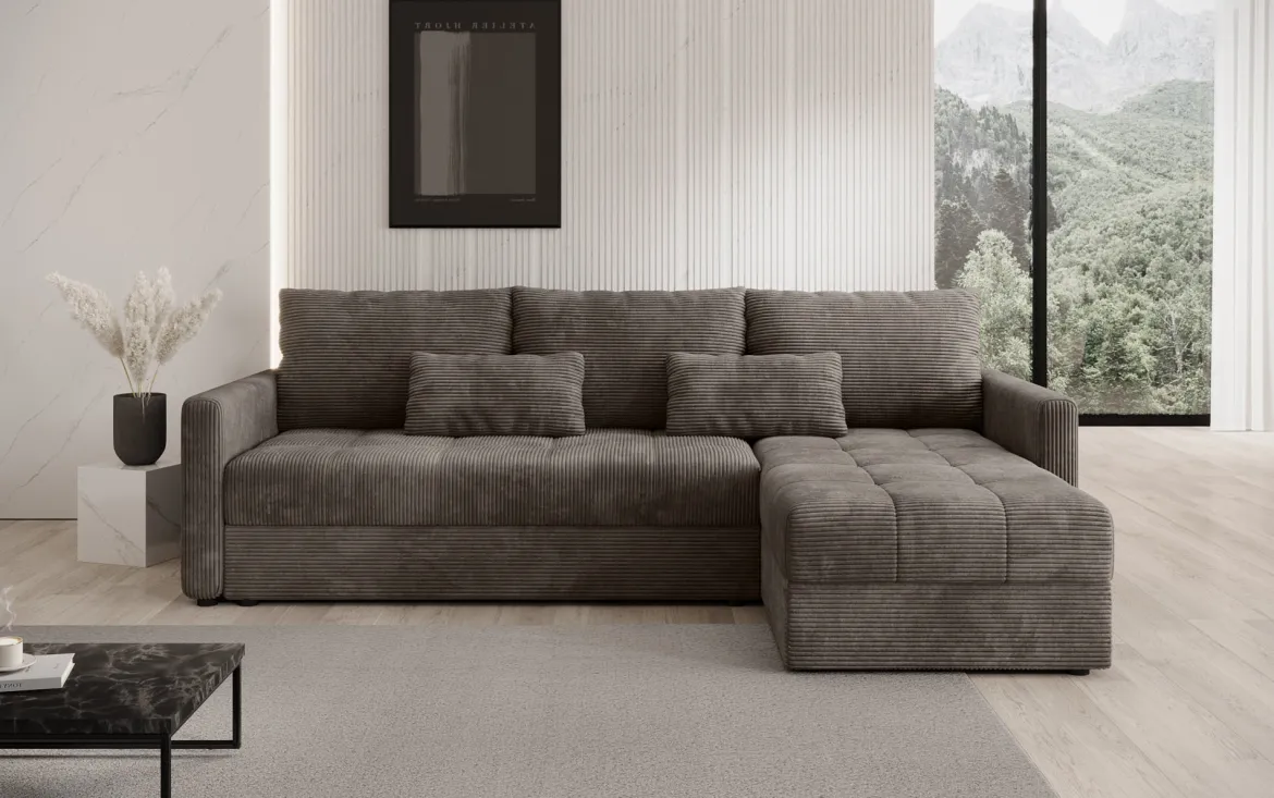 Designer Ecksofa Roma in Cord mit Schlaf- und Klappfunktion