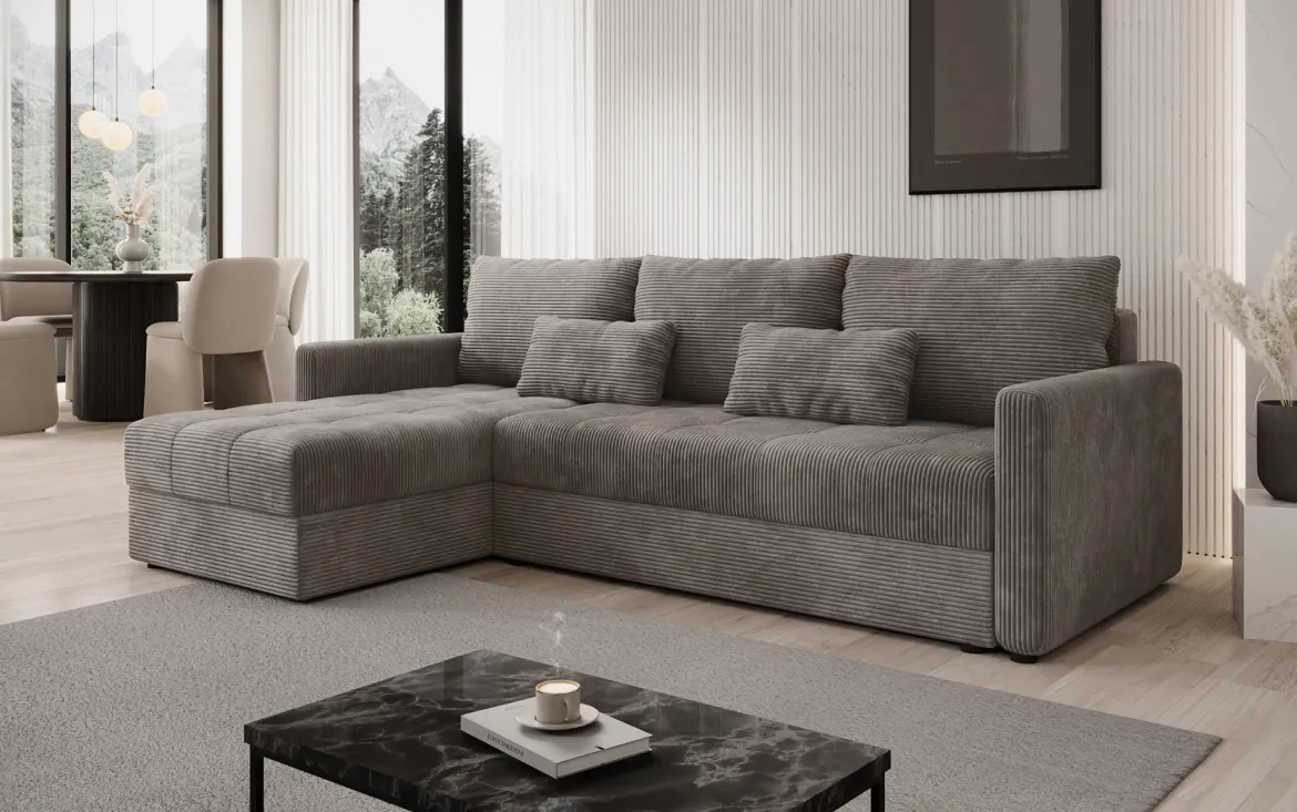 Designer Ecksofa Roma in Cord mit Schlaf- und Klappfunktion