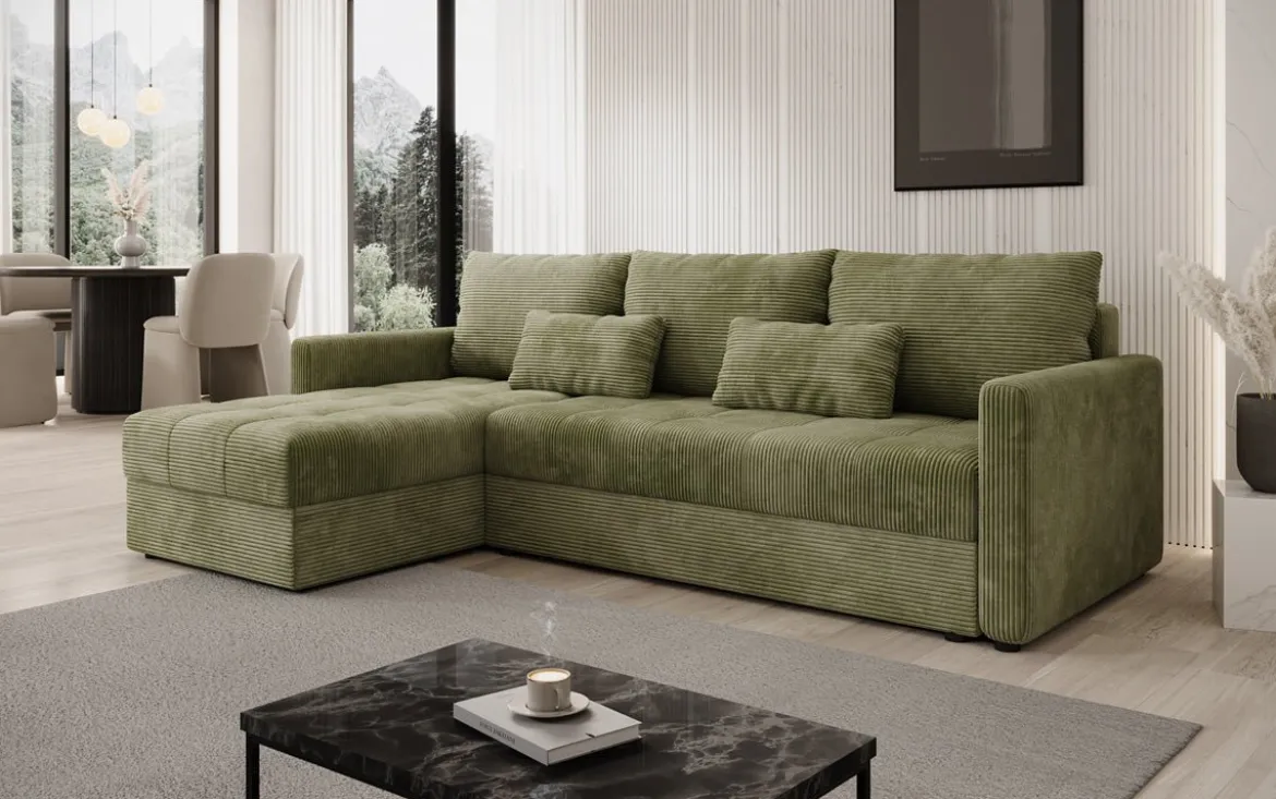 Designer Ecksofa Roma in Cord mit Schlaf- und Klappfunktion