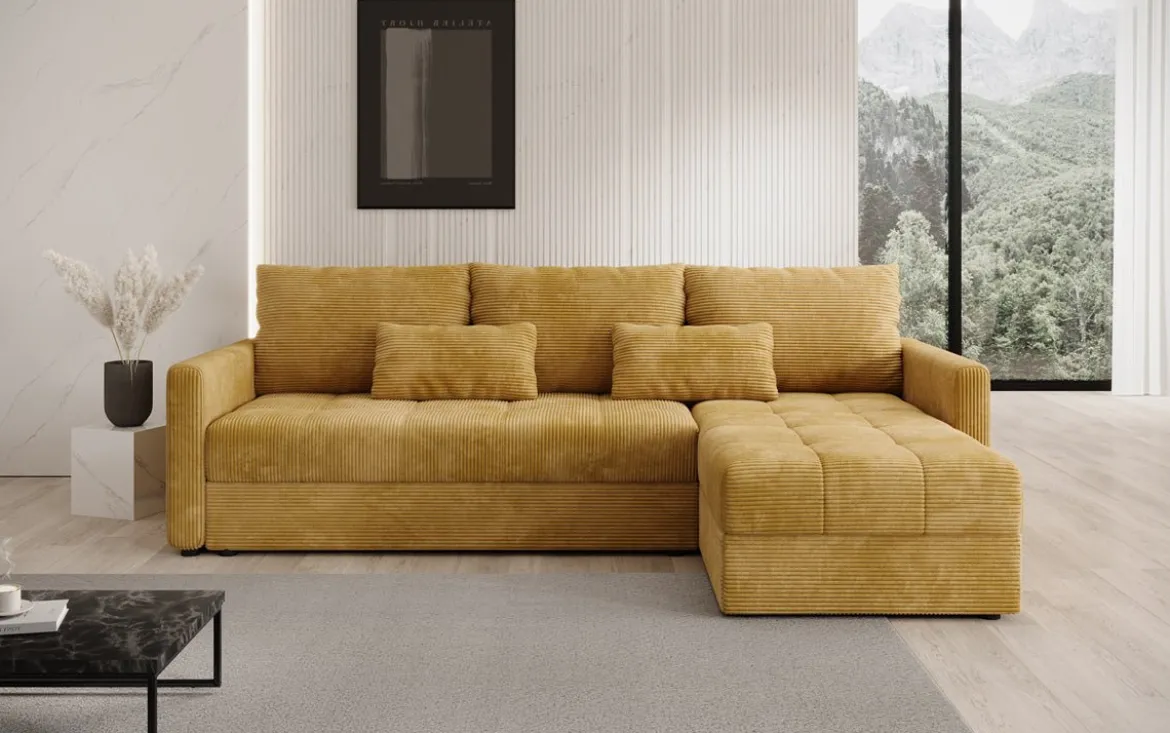 Designer Ecksofa Roma in Cord mit Schlaf- und Klappfunktion