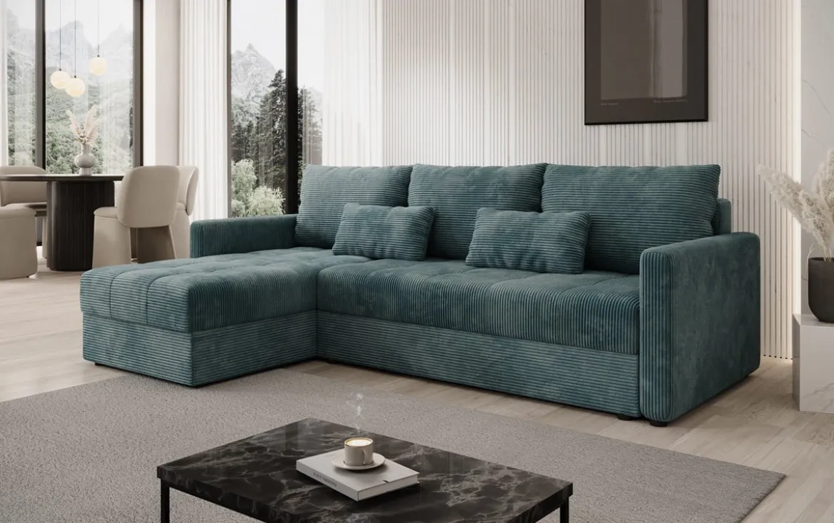 Designer Ecksofa Roma in Cord mit Schlaf- und Klappfunktion