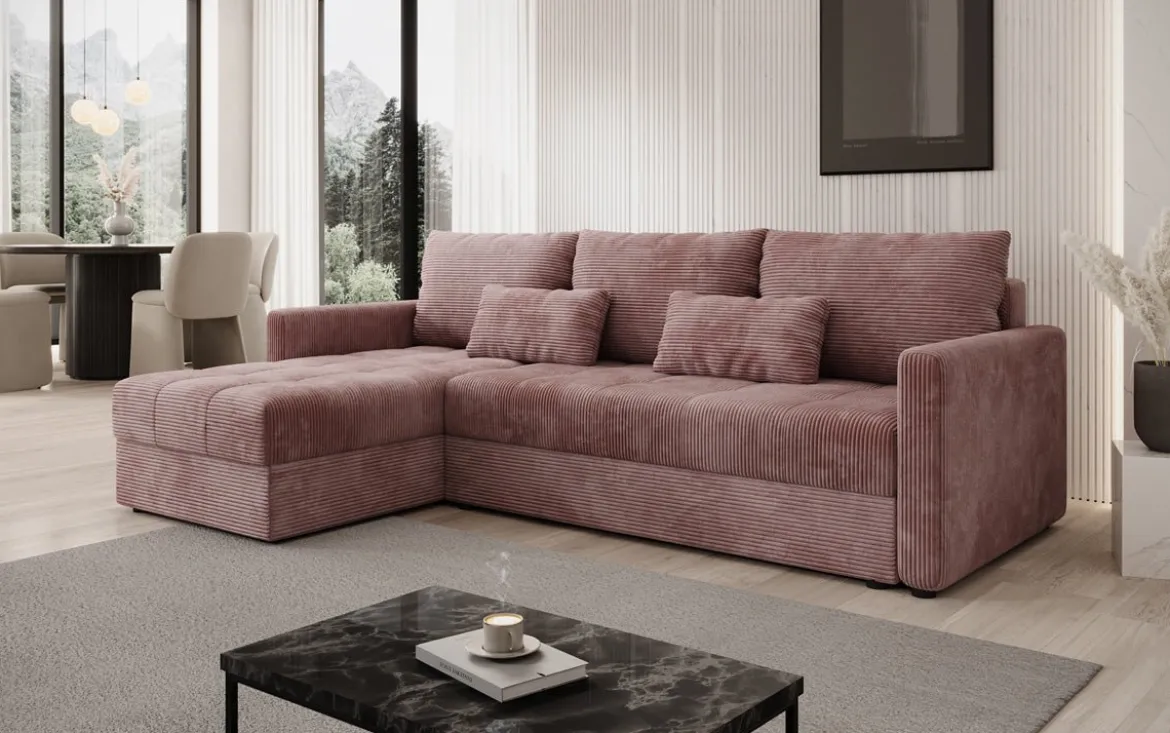 Designer Ecksofa Roma in Cord mit Schlaf- und Klappfunktion