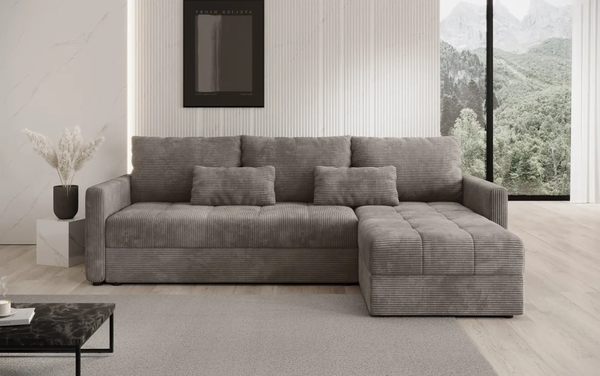 Designer Ecksofa Roma in Cord mit Schlaf- und Klappfunktion