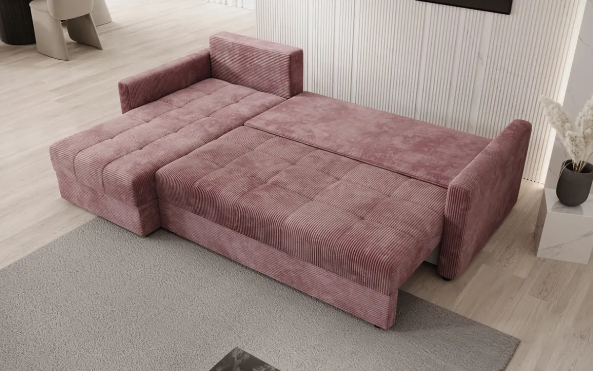 Designer Ecksofa Roma in Cord mit Schlaf- und Klappfunktion