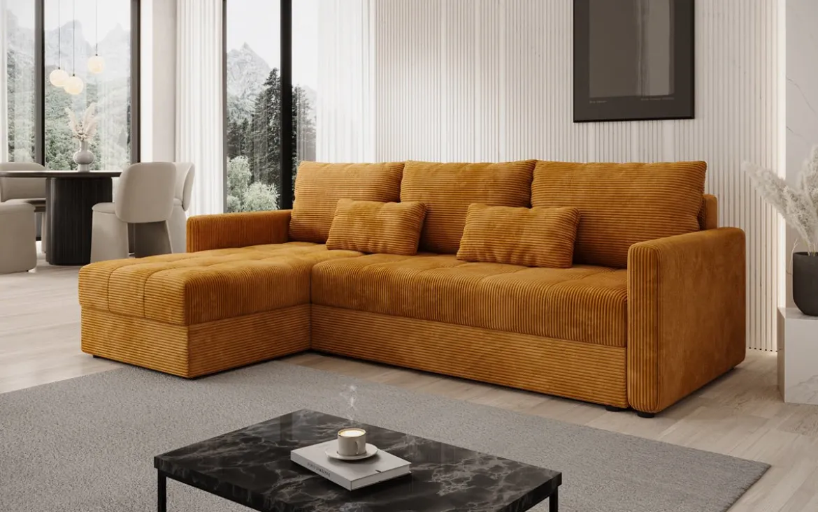 Designer Ecksofa Roma in Cord mit Schlaf- und Klappfunktion