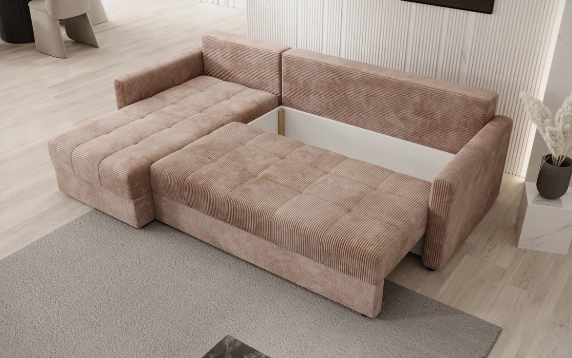 Designer Ecksofa Roma in Cord mit Schlaf- und Klappfunktion