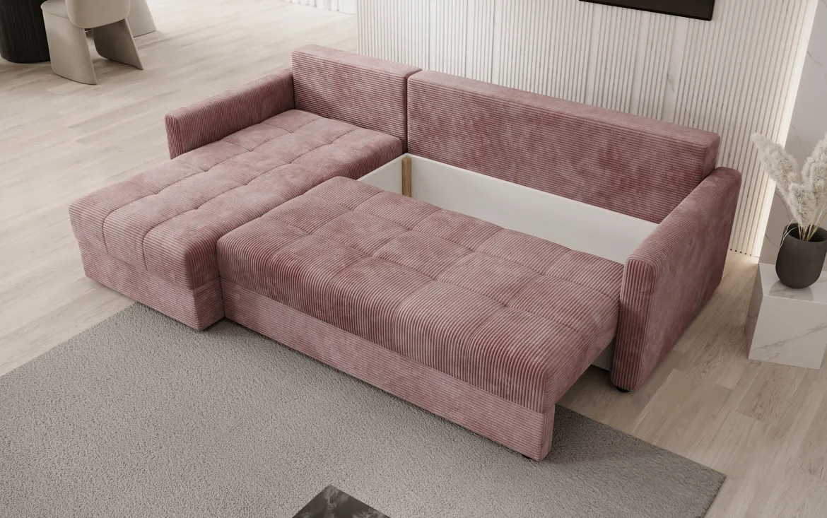 Designer Ecksofa Roma in Cord mit Schlaf- und Klappfunktion