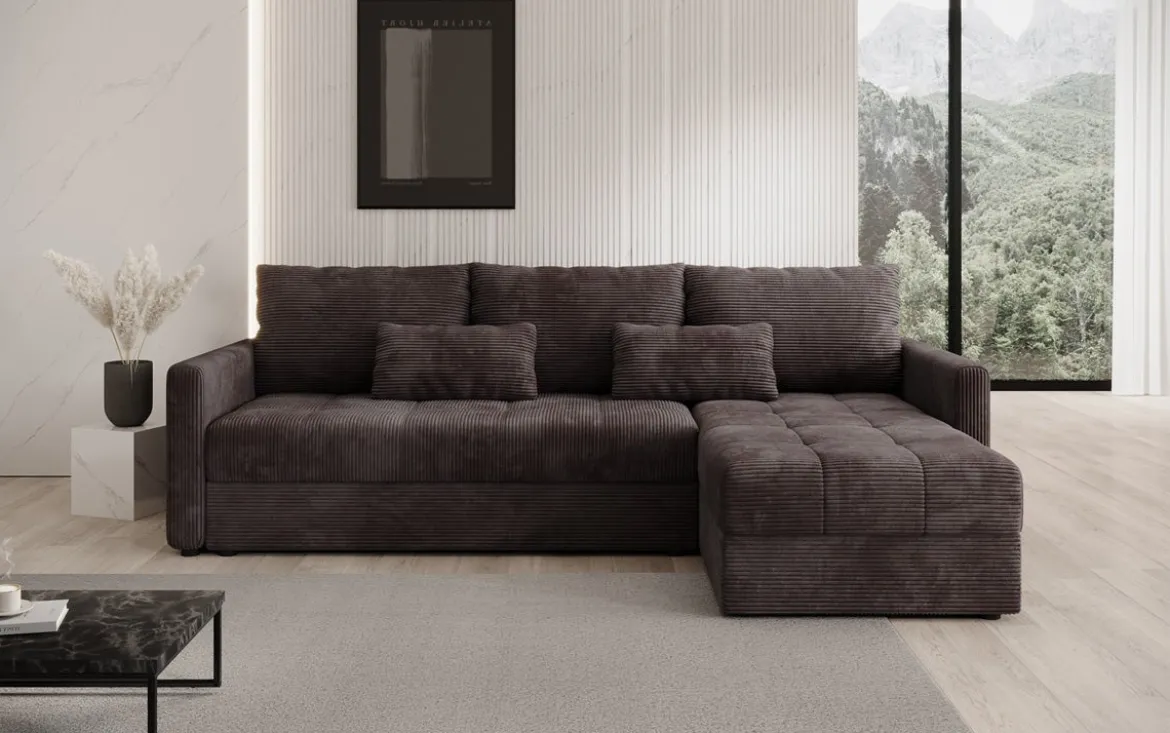 Designer Ecksofa Roma in Cord mit Schlaf- und Klappfunktion