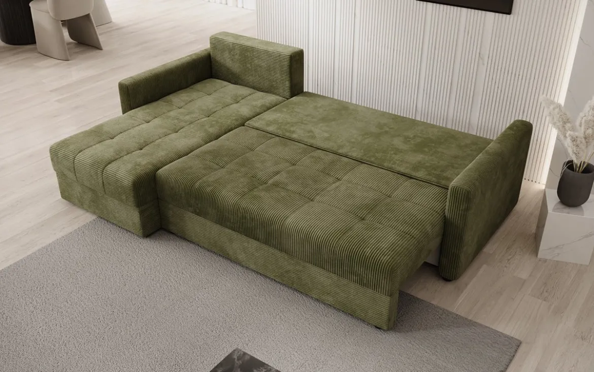 Designer Ecksofa Roma in Cord mit Schlaf- und Klappfunktion