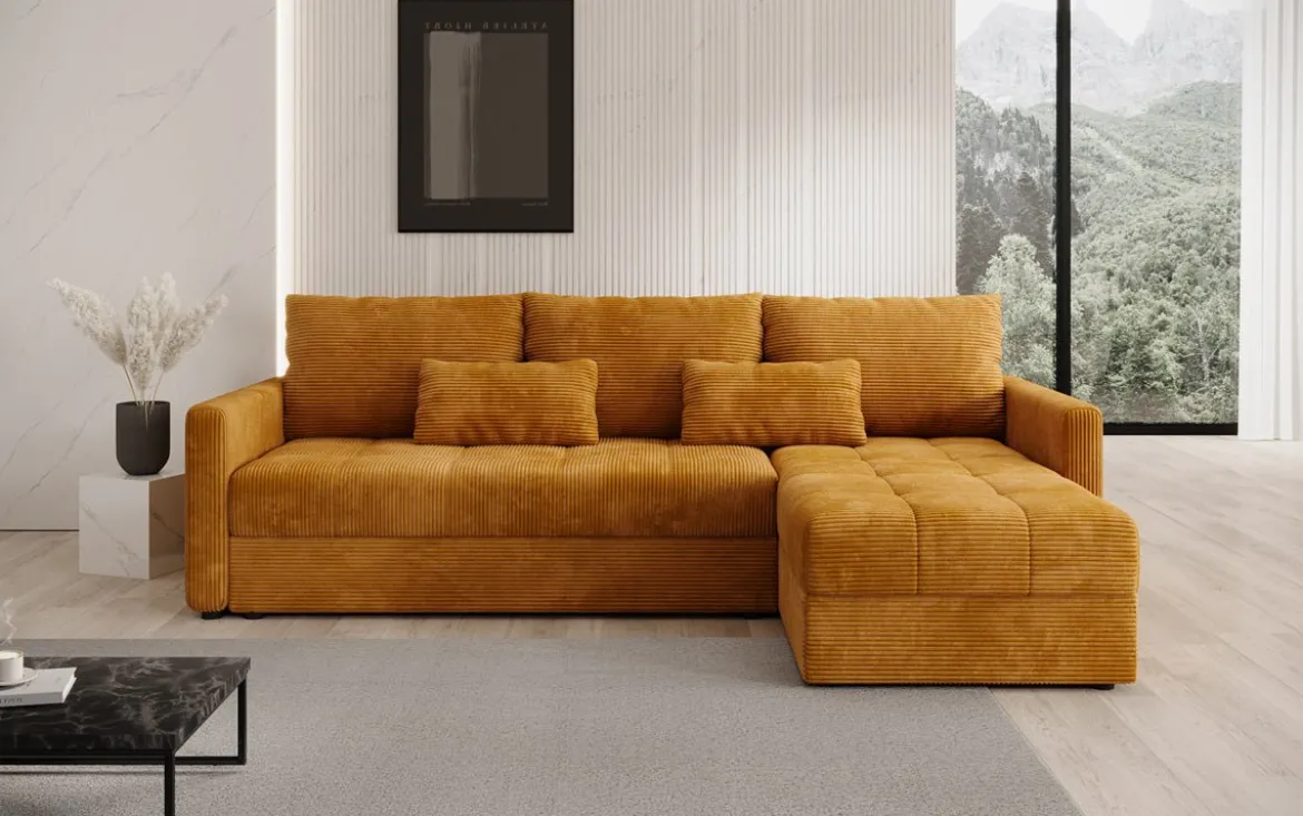 Designer Ecksofa Roma in Cord mit Schlaf- und Klappfunktion