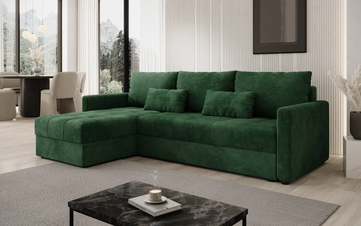 Designer Ecksofa Roma in Cord mit Schlaf- und Klappfunktion