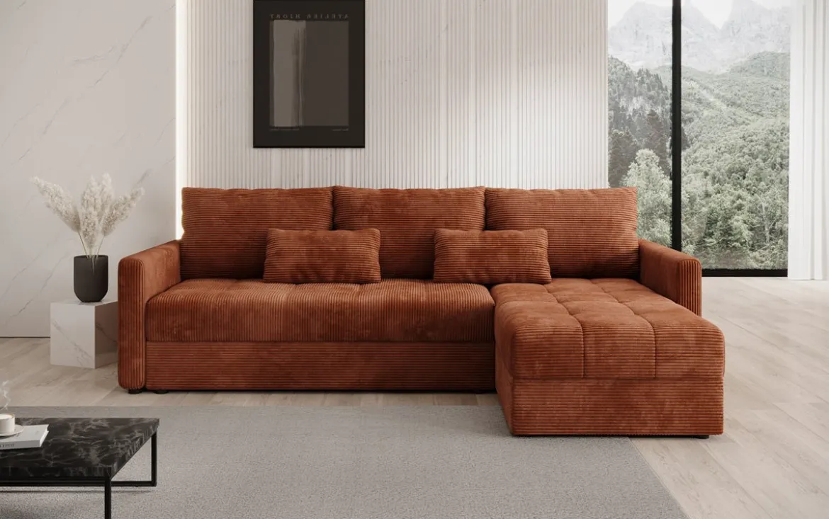 Designer Ecksofa Roma in Cord mit Schlaf- und Klappfunktion