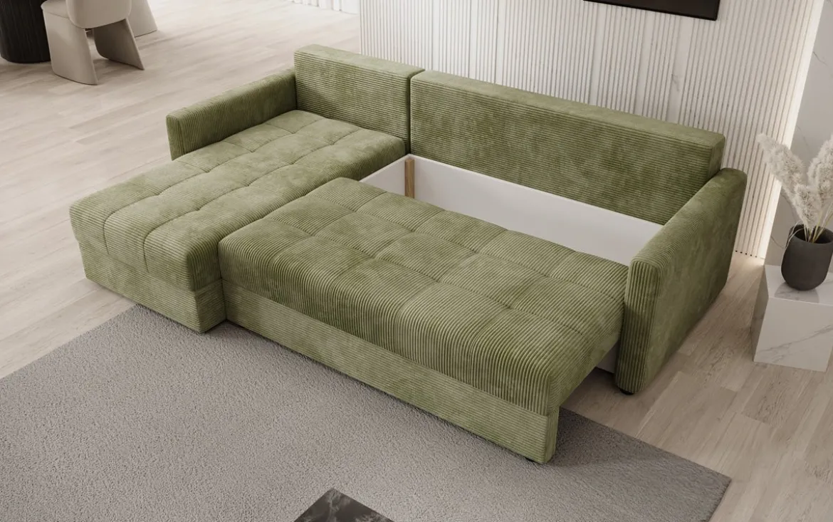Designer Ecksofa Roma in Cord mit Schlaf- und Klappfunktion