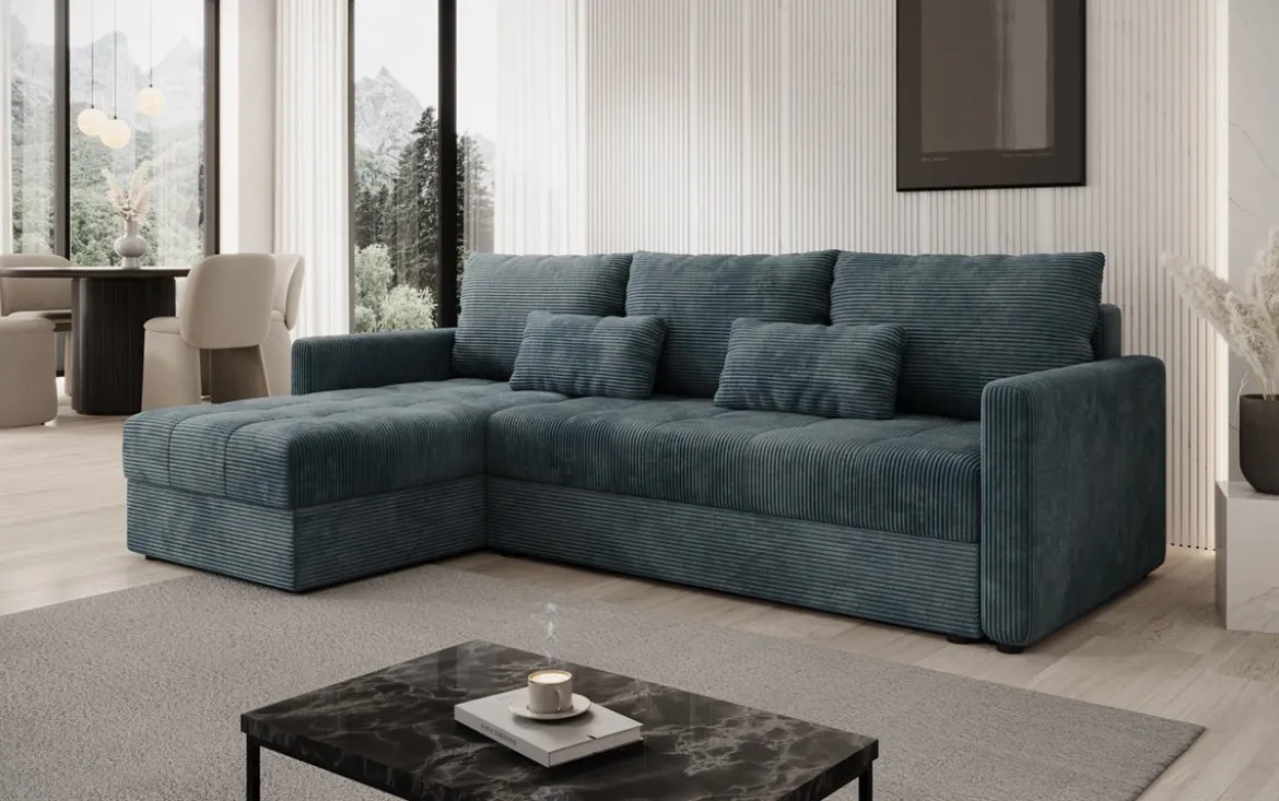 Designer Ecksofa Roma in Cord mit Schlaf- und Klappfunktion