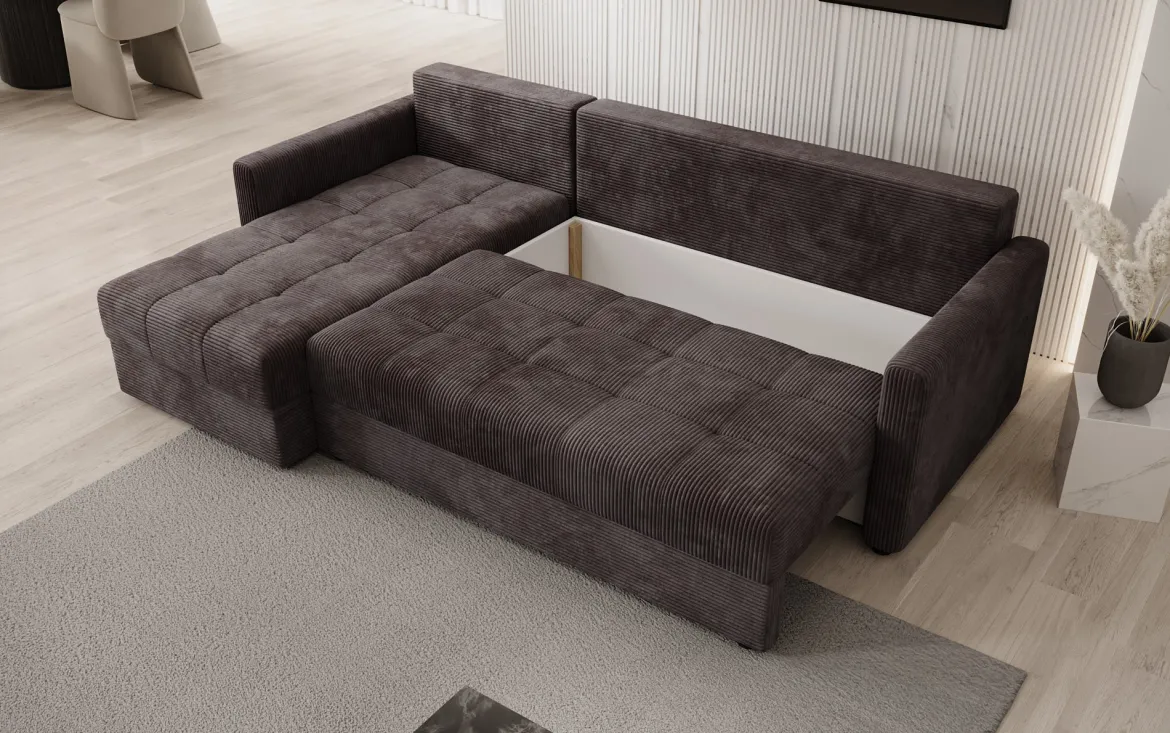 Designer Ecksofa Roma in Cord mit Schlaf- und Klappfunktion