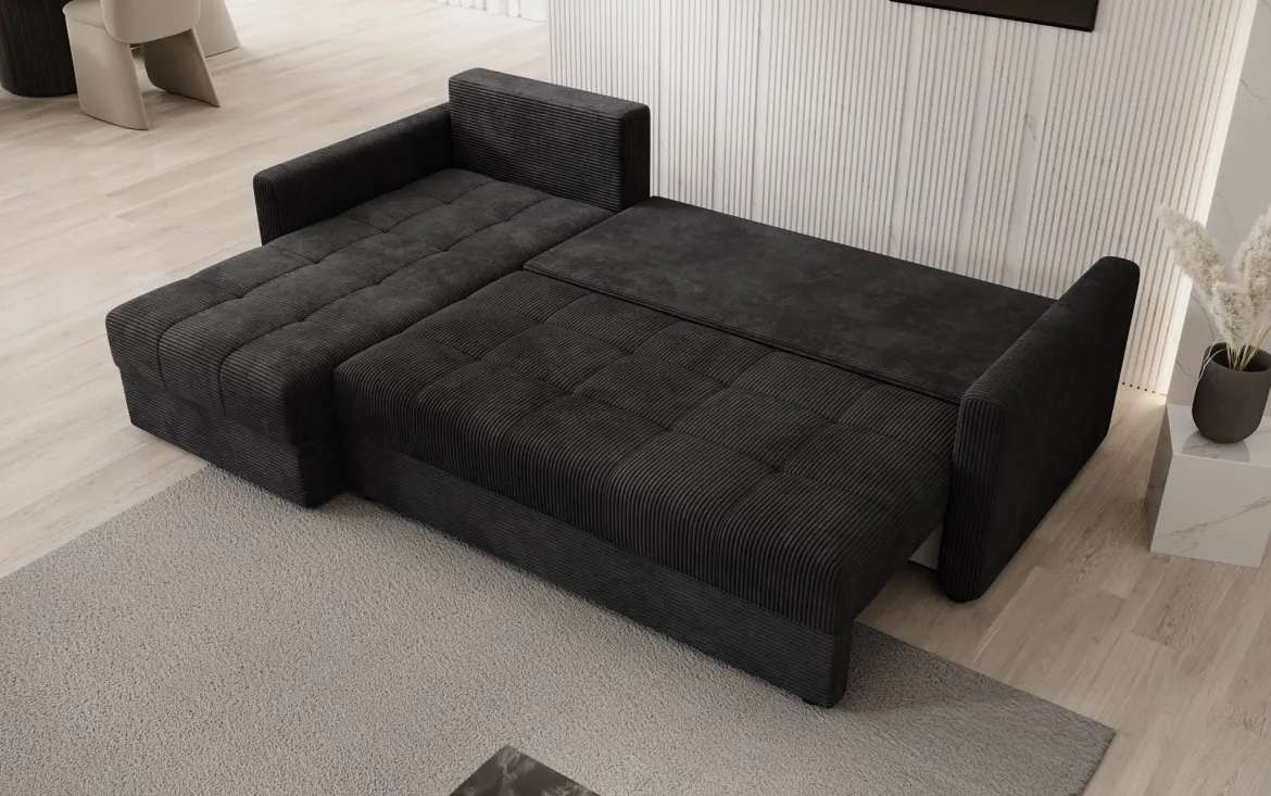 Designer Ecksofa Roma in Cord mit Schlaf- und Klappfunktion