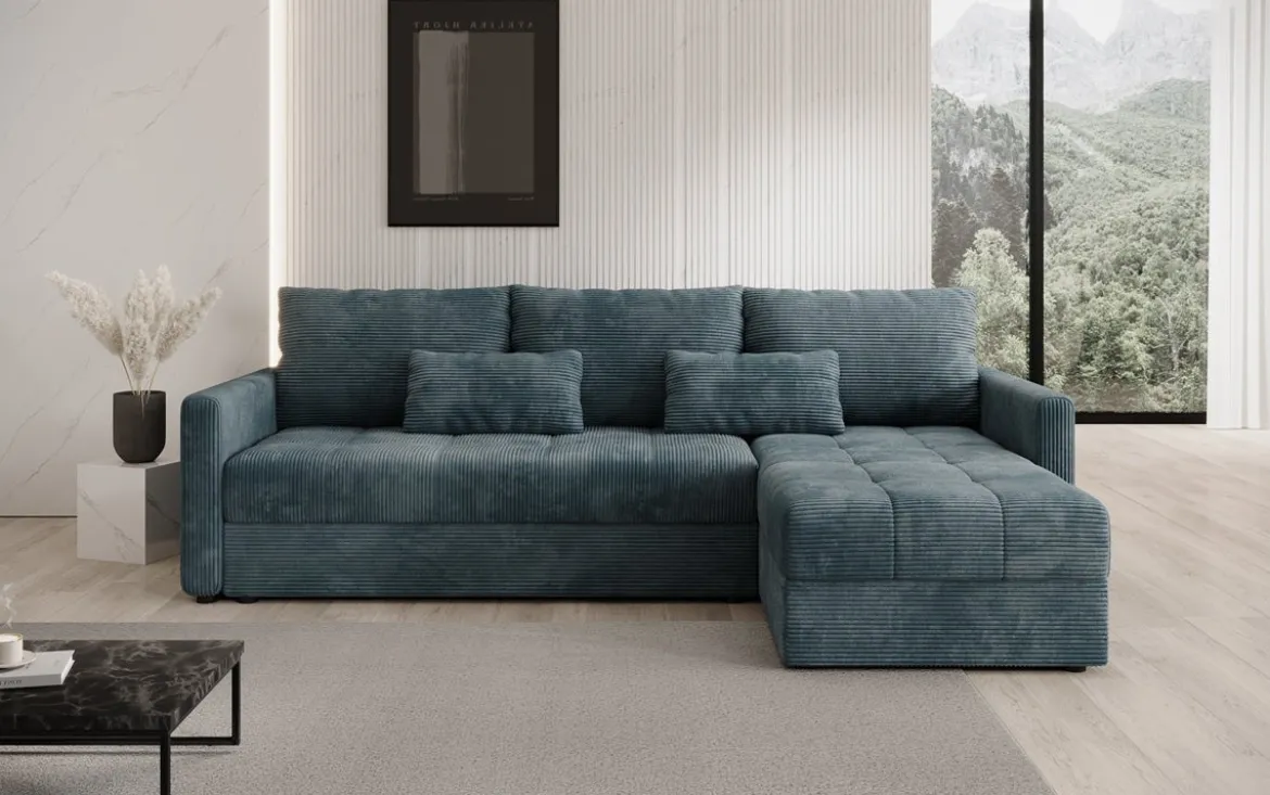 Designer Ecksofa Roma in Cord mit Schlaf- und Klappfunktion