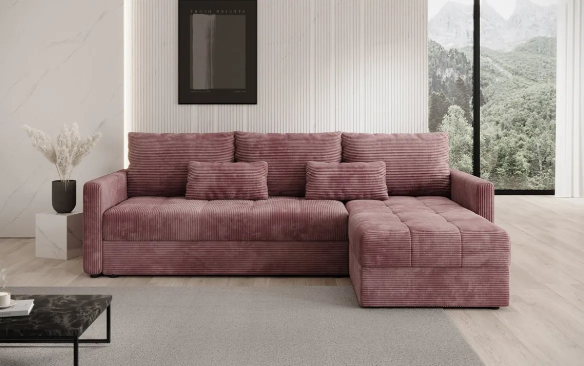 Designer Ecksofa Roma in Cord mit Schlaf- und Klappfunktion