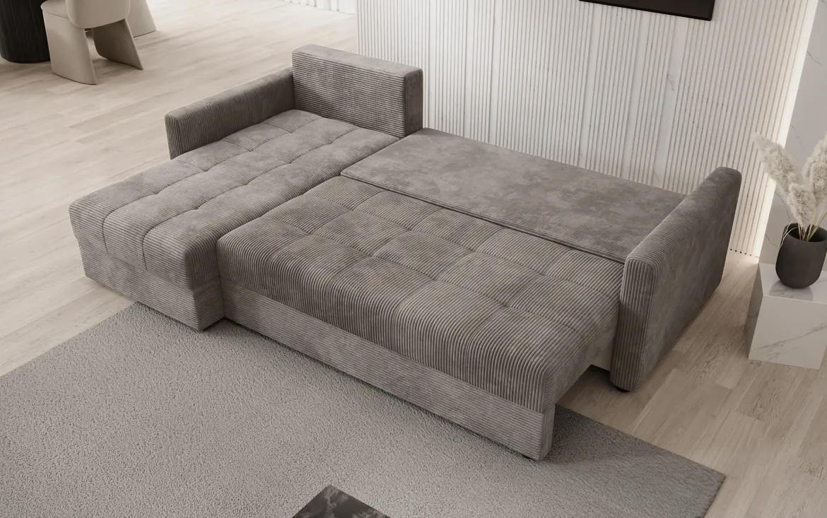 Designer Ecksofa Roma in Cord mit Schlaf- und Klappfunktion