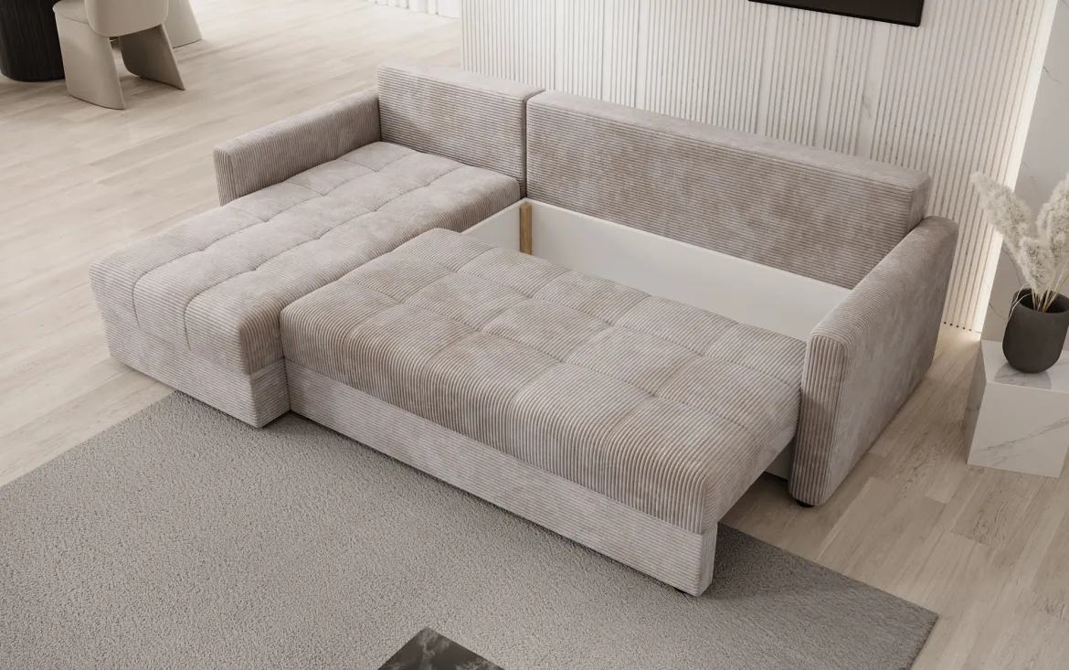 Designer Ecksofa Roma in Cord mit Schlaf- und Klappfunktion