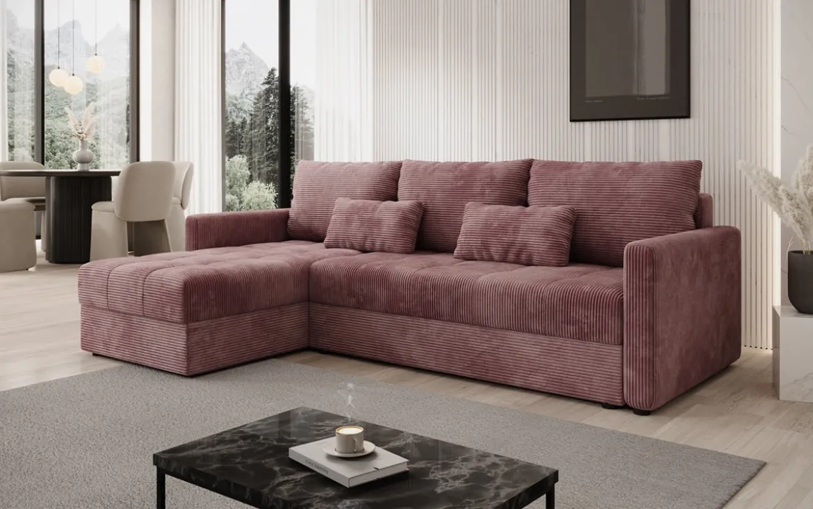 Designer Ecksofa Roma in Cord mit Schlaf- und Klappfunktion