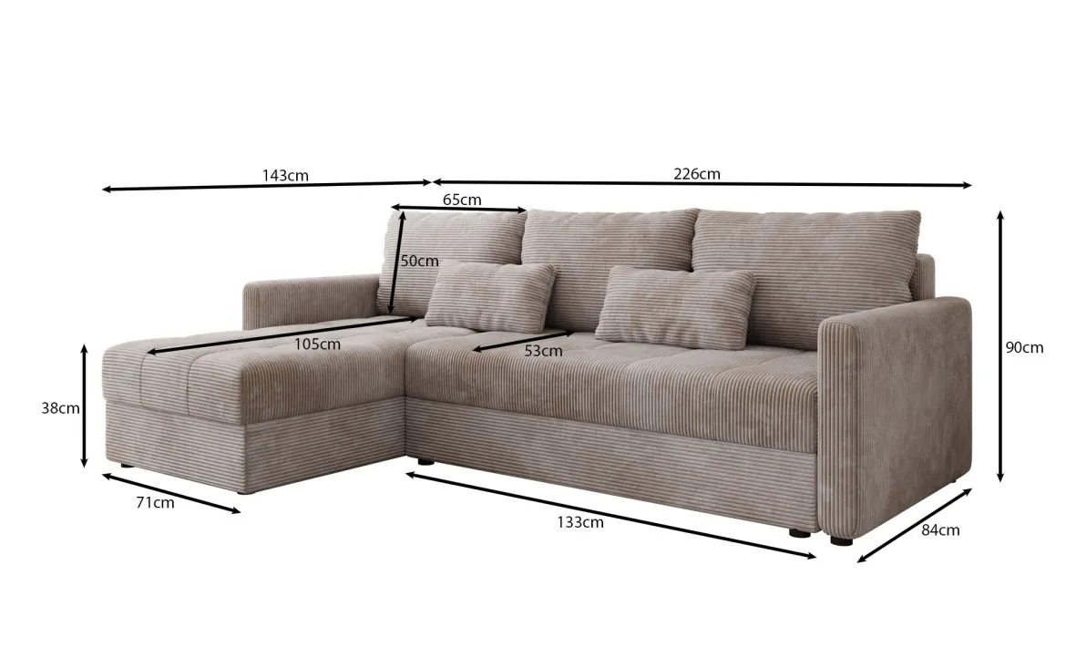 Designer Ecksofa Roma in Cord mit Schlaf- und Klappfunktion