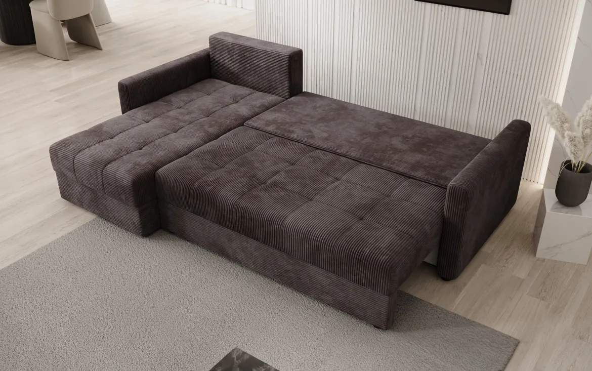 Designer Ecksofa Roma in Cord mit Schlaf- und Klappfunktion