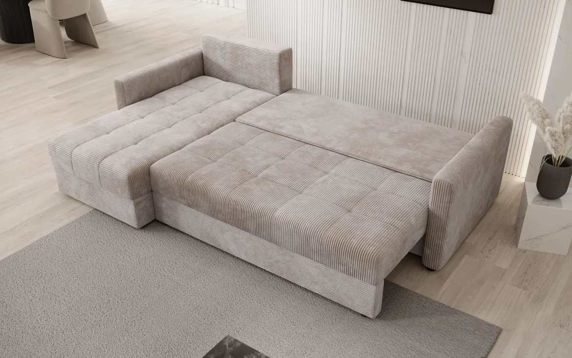 Designer Ecksofa Roma in Cord mit Schlaf- und Klappfunktion