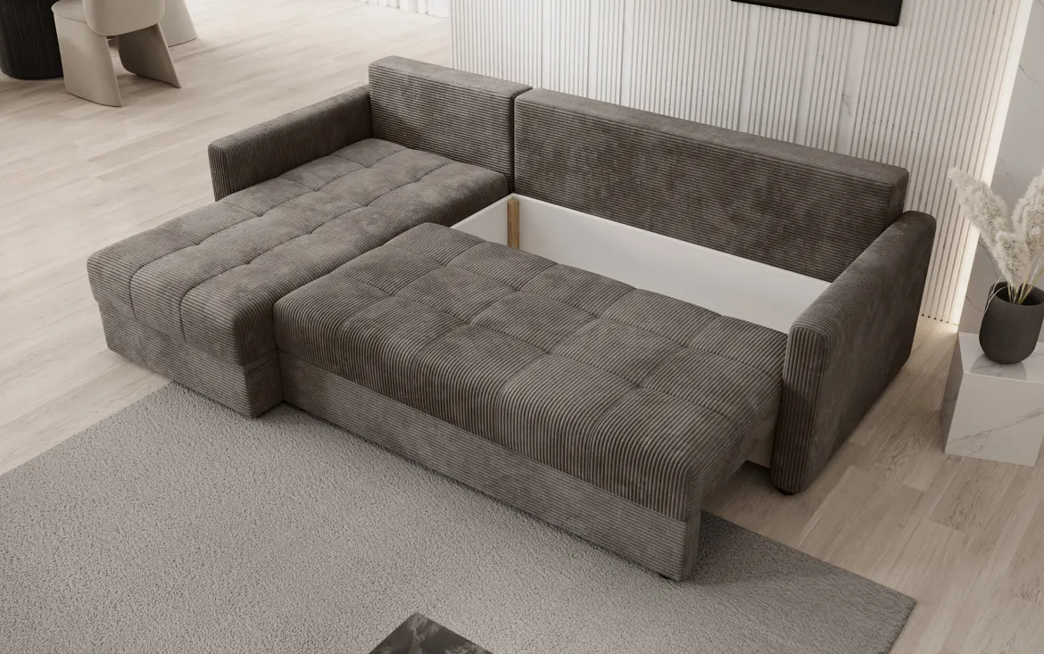 Designer Ecksofa Roma in Cord mit Schlaf- und Klappfunktion